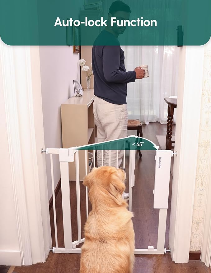 Babelio Smart Baby Gate with Auto-Unlock/Close, Pressure Mounted No Drill for Doorways/Top of Stairs. Pet/Dog Door Wide Walk Thru w/Infrared Sensor & Instant Safety Alert (White, 26.3-37.8" W, 30" H)
