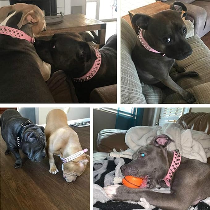 TEEMERRYCA Adjustable Leather Spiked Studded Dog Collars with a Squeak Ball Gift for Small Medium Large Pets Like Cats/Pit Bull/Bulldog/Pugs/Husky, Pink, XXL 19.7-22.4 inches