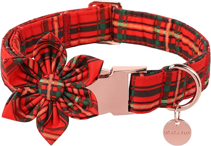 Christmas Dog Collar with Flower, Cotton Christmas Plaid Collar for Medium Girl Boy Dog,Red &Green Plaid Dog Collar Bowtie with Durable Metal Buckle,Adorable Pet Collar,XL,Neck 16-26in