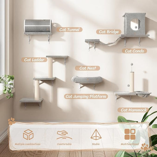 7-in-1 Cat Wall Shelves, Wall Mounted Cat Climber Set, Cat Furniture with House, Tunnel, Bridge, Steps, Scratcher, Hammock, Shelves for Indoor, Gray