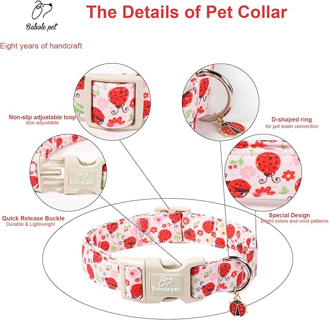 Lucky Ladybug Dog Collar for Large Dogs - Sweet Pink Girl Dog Collars, Lightweight Adjustable Spring Garden Mom Dogs Collars with Quick Release Buckle L