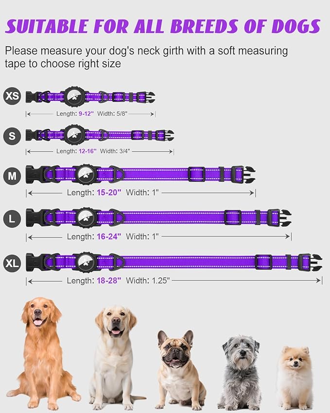Joytale Airtag Dog Collar, Reflective Pet Collar with Waterproof AirTag Holder, Dual D-Rings, Soft Padded Adjustable for Extra Large Dogs, Purple, XL