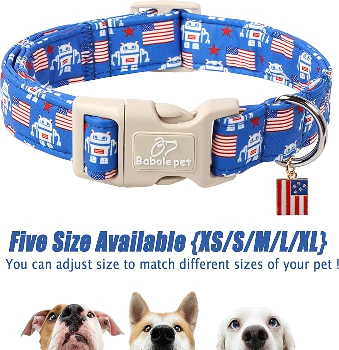 4th of July Dog Collar, Robot Star-Spangled Patriotic Dog Collars for Puppy Small Dogs, Adjustable Lightweight Quick-Release Buckle Collar for Boy&Girl Dogs XS