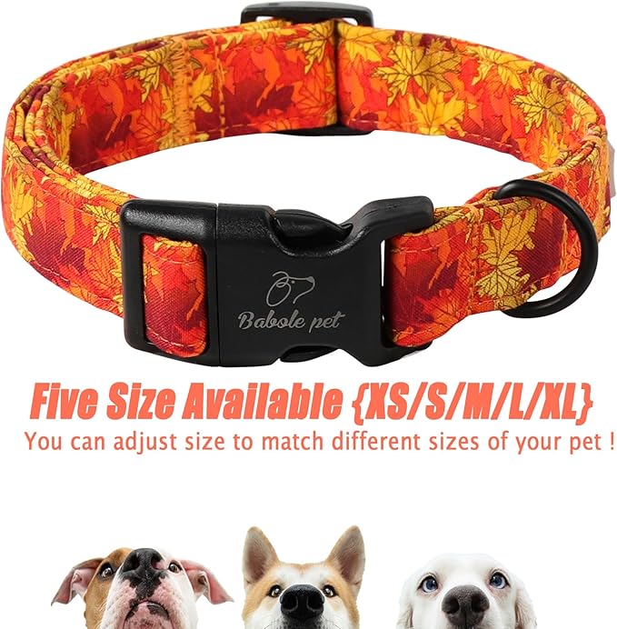 Fall Dog Collar, Gold Maple Leaves Pattern Fall Thansgiving Puppy Collar, Soft Adjustable Cotton Holiday Dog Collars for Small Medium Large Boy&Girl Dogs L