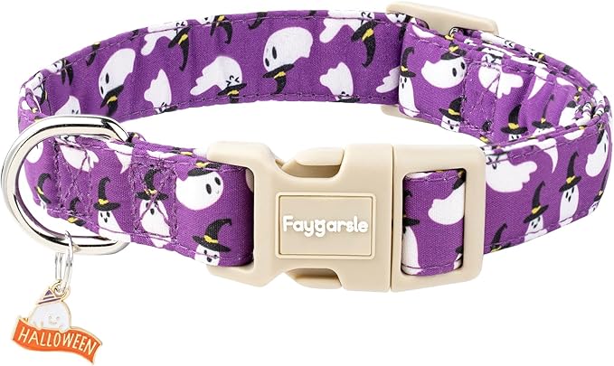 Faygarsle Halloween Dog Collar with Charm, Purple with Ghost Pattern, Adjustable Pet Collar for Small Medium Large Dogs L