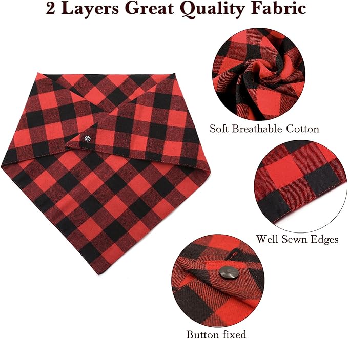 Christmas Plaid Bandana with Button, Fall Soft Cotton Triangle Dog Scarf Kerchief - Adjustable, Washable, Dual Layer for Small to Extra Large Dogs, Boys & Girls