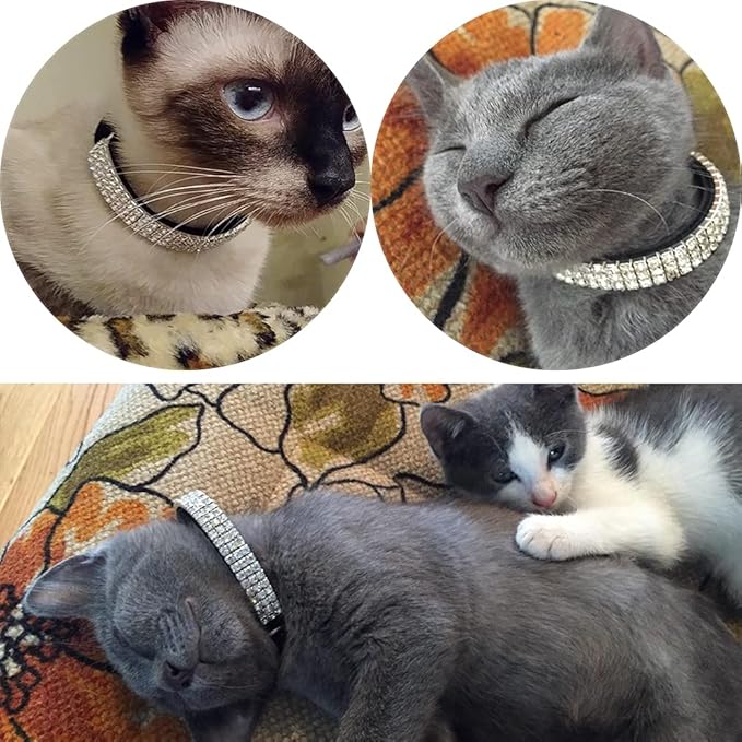 CHUKCHI Soft Velvet Safe Cat Adjustable Collar Bling Diamante with Bells,2 Pcs Black+Red