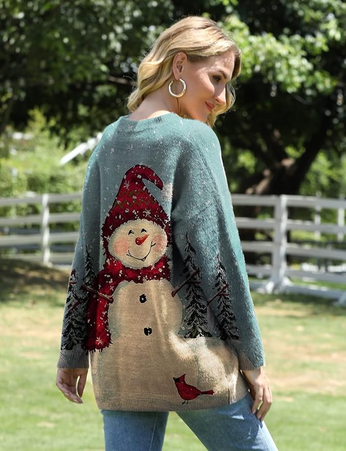 YESNO Women Christmas Sweater Graphic Printed Oversized Pullover Sweaters Casual Loose Knit Tops S01