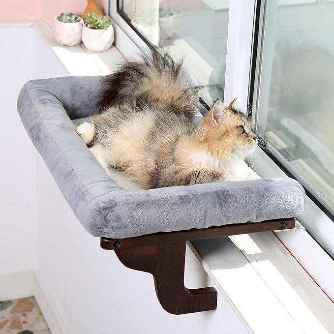 Zakkart Cat Perch for Window Sill with Bolster - Orthopedic Hammock Design with Premium Hardwood & Robust Metal Frame - Cat Window Seat for Large Cats and Kittens - Dark Stained Wood Gray Bed, 24''W