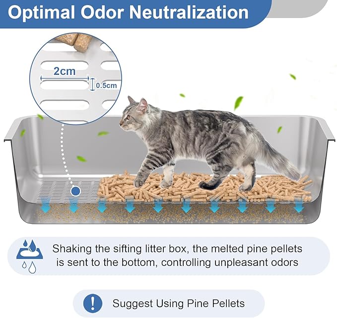 XXXL Stainless Steel Sifting Litter Box with Lid, 28'' L × 20'' W Extra Large Sifting Cat Litter Box for Pine Pellets & Big Cats & Multiple Cats, Metal Pellet Sifter Litter Pan System for Odor Control