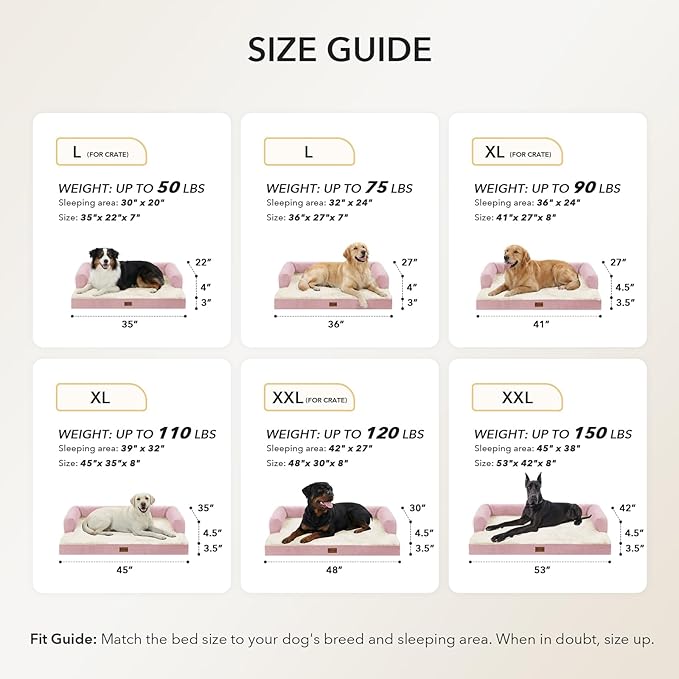 Orthopedic Dog Beds for Large Sized Dogs, Waterproof Egg Crate Foam Large Dog Couch Beds with Comfy Bolster 36x27Inch, Washable Pet Beds with Removable Cover and Nonskid Bottom, Pink