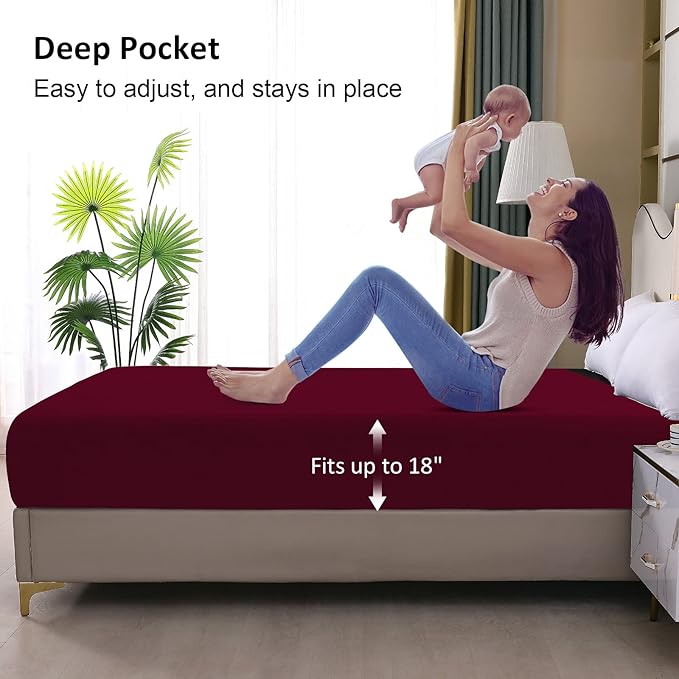 Waterproof Mattress Protector Queen, Fitted Sheet Style Breathable Mattress Cover with Deep Pocket Fits Up to 18'', Noiseless Bed Cover for Kids Adults Pets, Machine Washable (WineRed, 60'' X 80'')
