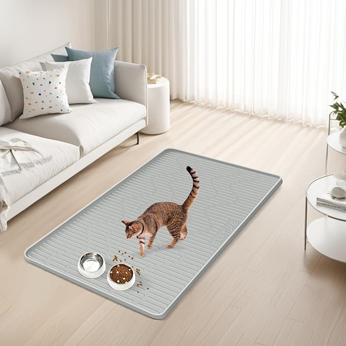 Silicone Cat & Dog Food Mat, 34" x 20" Large Pet Feeding Mat for Cats and Dogs Bowl, Pet Placemat for Food and Water with Raised Edge, Waterproof, Leakproof (Grey)
