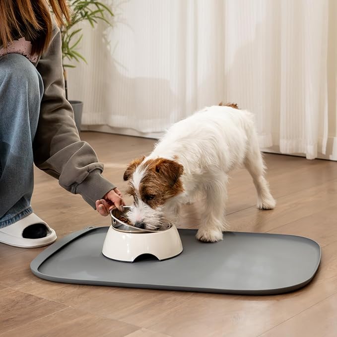 Silicone Dog Food Mat with Side Pocket & Hook Hole, Soft Raised Edges, Easy Clean Waterproof Non-Slip Pet Feeding Mat for Cats and Dogs Water Bowl, Pets Accessories(18"x12",Grey)