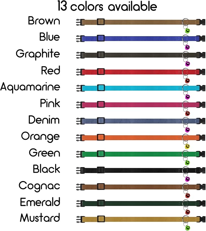 Breakaway Cat Collar Leather with Removable Bell - 13 Colors Available - Soft Adjustable Girl Boy Safety Lightweight Pet Kitten Collars Pink Brown Blue Green Red Orange Black (Mustard)