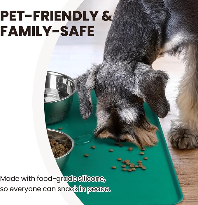 VIVAGLORY Dog Food Mat Flexmat Dog Bowl Mat, Placemat Food Tray with Raised Edges & Lip for Indoor Floor, Non Slip Waterproof Silicone Dish Placemat for Cat & Pet, S, Deep Green