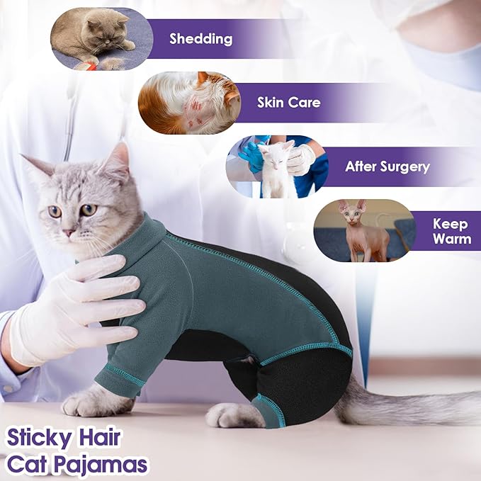 SUNFURA Hair Sticky Cat Clothes, Cat Sweater for Cats Only, 4-Legged Fleece Sweaters Kitten Pajamas Reduce Shedding Fur, Warm Pullover Shirts for Cats, Green M
