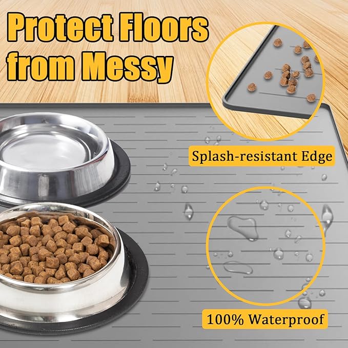 Large Dog Mat for Food and Water, 31.8"x23.8" Silicone Pet Feeding Mats, Waterproof Dog Bowl Mat with High Edges to Prevent Water and Food Spills, Dark Gray