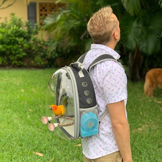 Bird Traval Carrier Cage, Polarized Tinted Brown Space Capsule Astronaut Backpack to Carry Parakeet Cockatiel Parrot with Metal Tray Wood Perch, Vet Transport Bag