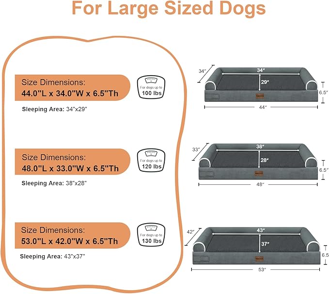 Large Dog Bed Orthopedic Washable: Beds Bolster XL Bed Large Big Dogs Memory Foam Couch Sofa Waterproof with Removable Cover - Dark Grey