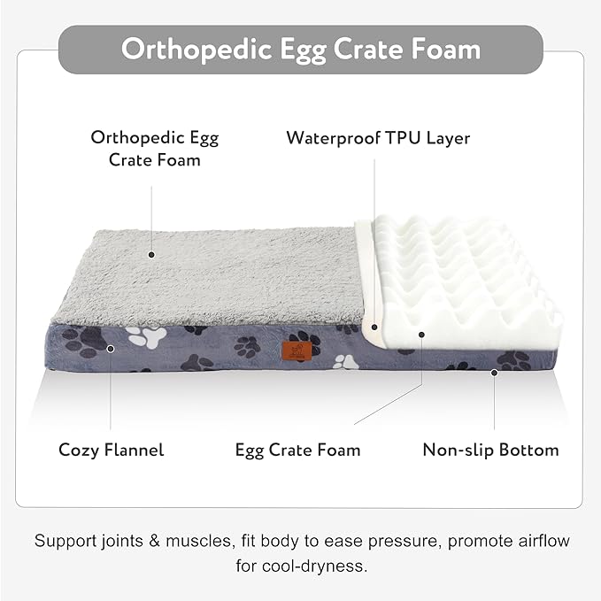 Waterproof Orthopedic Dog Bed for Extra Large Dogs 41x27x4 Inch - Egg Crate Foam Pet Crate Bed with Removable Washable Cover, Plush Top Anti-Slip Bed Mat, Dark Grey