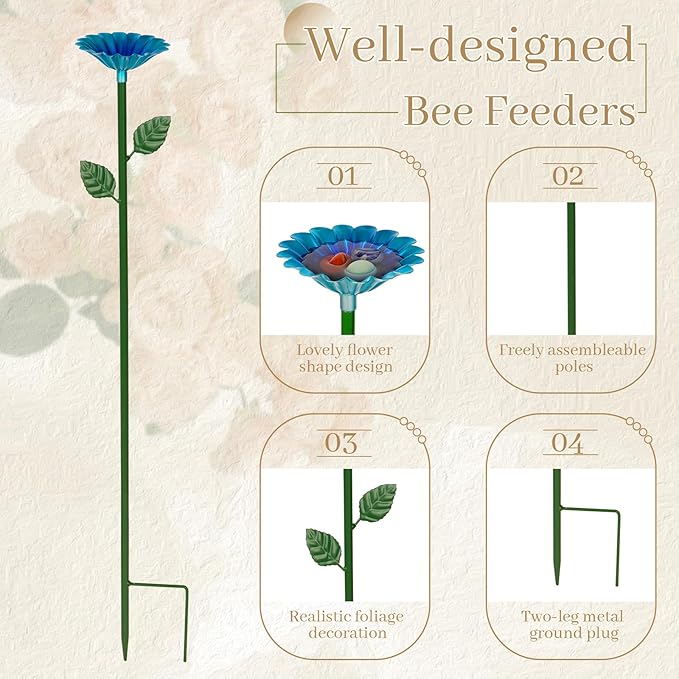 2 Pack Bee Watering Station,Bee Bath for Garden Metal Bee Water Feeder with Flower Design, Colorful Butterfly Bee Bath Bowl for Outdoor Garden Yard Decor (Blue,Yellow)