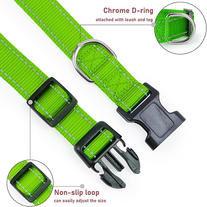 Reflective Dog Collar with Buckle Adjustable Safety Nylon Collars for Small Medium Large Dogs, Grass Green L