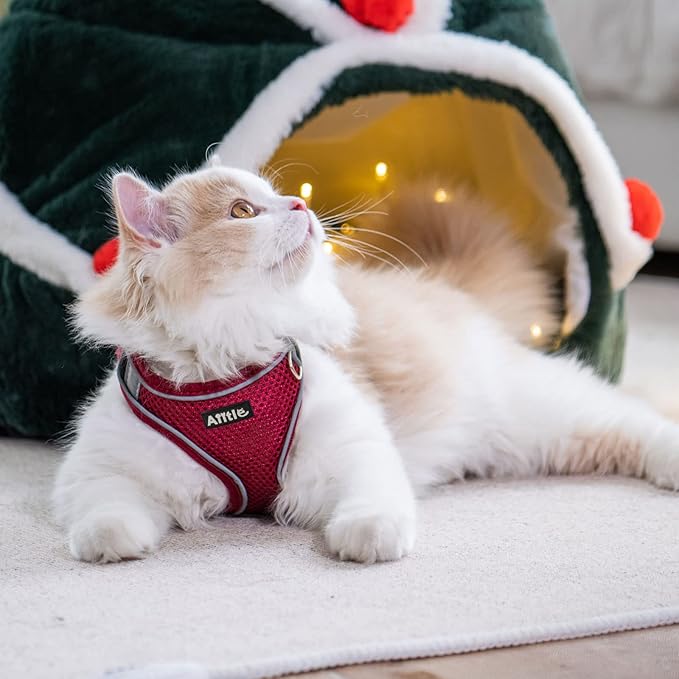 AIITLE Dog Harness, Christmas No-Pull Cat Harness with a Leash, Adjustable Reflective Puppy Vest Harness Escape Proof, Outdoor Walking, Running for Extra Small Dogs and House Cats Burgundy XXXS