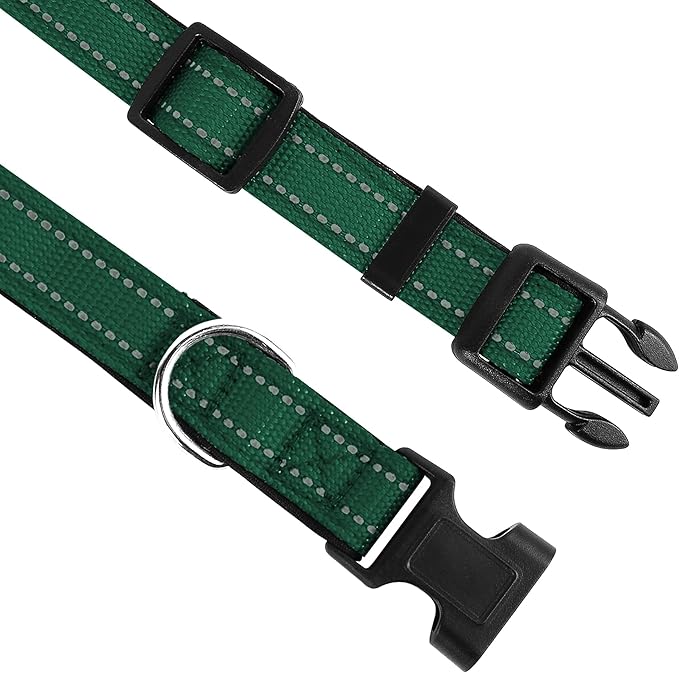 Reflective Dog Collar, Adjustable Soft Neoprene Padded Nylon Pet Collars with Buckle for Small Dogs, Dark Green,S