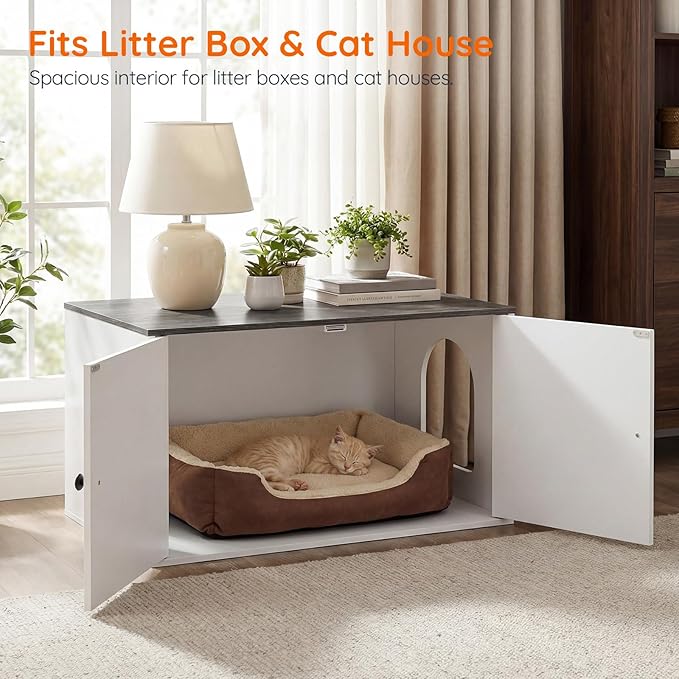 HOOBRO Cat Litter Box Enclosure, Hidden Litter Box Furniture with Side Entry, Litter Box Cabinet, Indoor Cat House, End Side Table, 31.5" L x 17.7" W x 16.3" H, White and Charcoal Gray BW40MW01