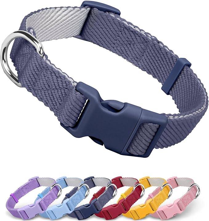 Dynmeow Soft and Breathable Cotton Dog Collar, Durable Adjustable Heavy-Duty Pet Collar with Quick-Release Buckle, Lightweight for Sensitive Skin for Large Dogs, Navy-Blue, L