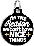 Bad Tags Personalized Dog and Cat ID Tags in 25+ Designs and 2 Sizes - 5 Lines of Custom Engraved Text - Funny Cute Personalized Pet Tags (I'm The Reason We Can't Have Nice Things, Small (1 inch))