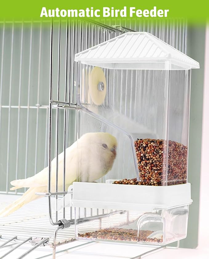 Hamiledyi Automatic Bird Feeder 2 Pcs No Mess Bird Cage Feeder Seed Food Container with Perch Transparent Parrot Cage Accessories for Parakeets, Budgies, Cockatoos, Finches, Lovebirds (White)