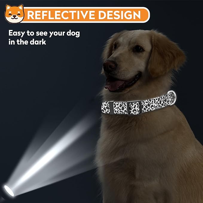 Reflective Dog Collar, Adjustable Soft Neoprene Padded Nylon Pet Collars with Buckle for Puppy and Small Dogs, Cats, Black White Cow,XL