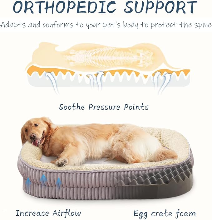 Orthopedic Dog Bed for Extra Large Dogs Breeds, High Density Egg Crate Foam Dog Sofa Beds,Oval Kennel Bed, Pet Couch Bed with Four Sided Bolster, Removable Washable Cover& Non-Slip Bottom