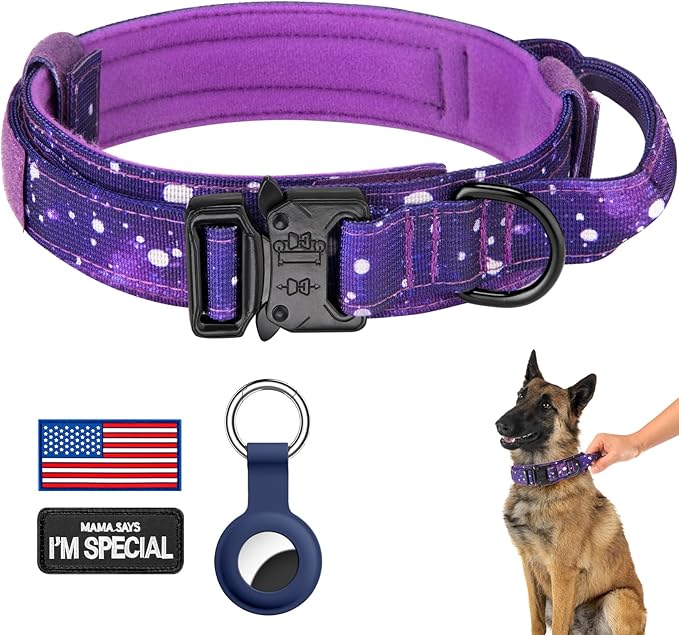 DAGANXI Tactical Dog Collar, Adjustable Military Training Nylon Dog Collar with Control Handle and Heavy Metal Buckle for Medium and Large Dogs, with Patches and Airtags Case (XL, Purple Sky)