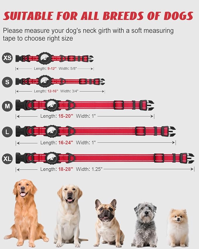 Joytale Airtag Dog Collar, Reflective Pet Collar with Waterproof AirTag Holder, Dual D-Rings, Soft Padded Adjustable for Small Dogs, Red, S