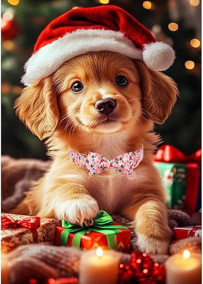 Christmas Dog Collar with Bow Tie, Pink Christmas Tree Collars for Dogs, Adjustable Pet Collar with Cute Xmas Tree Pendant, Winter Dog Accessories for Small Medium Large Dogs L