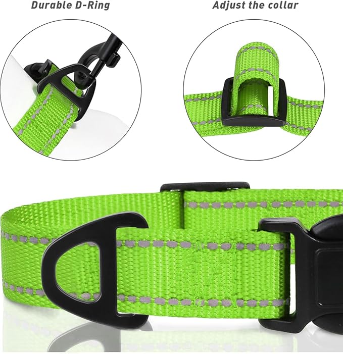 TagME Reflective Nylon Dog Collars, Adjustable Classic Pet Collar with Quick Release Buckle for Large Dogs, Green, 1.0" Width