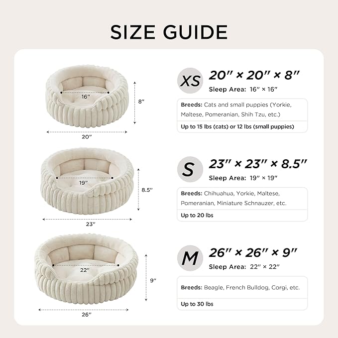 Bedsure ComfyFleece™ Cat Bed, Washable Round Cute Cat Beds for Indoor Cats, Super Soft Corduroy Pet Bed for Puppy and Kitten with Anti-Slip Bottom, 23''x23''x8.5'', Cream