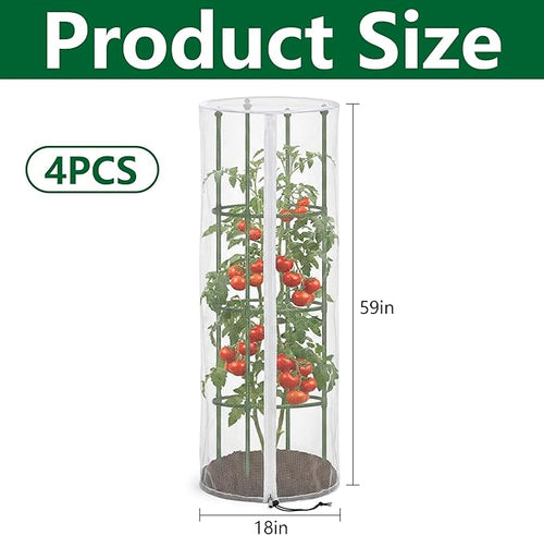 4 Pcs Garden Bird Netting for Round Plant Cage, 59" x 18" Tomato Cage Garden Net Cover with Zipper, Tomato Trellis Insect Bird Barrier Protection Mesh for Vertical Climbing Plants Vegetables Fruits