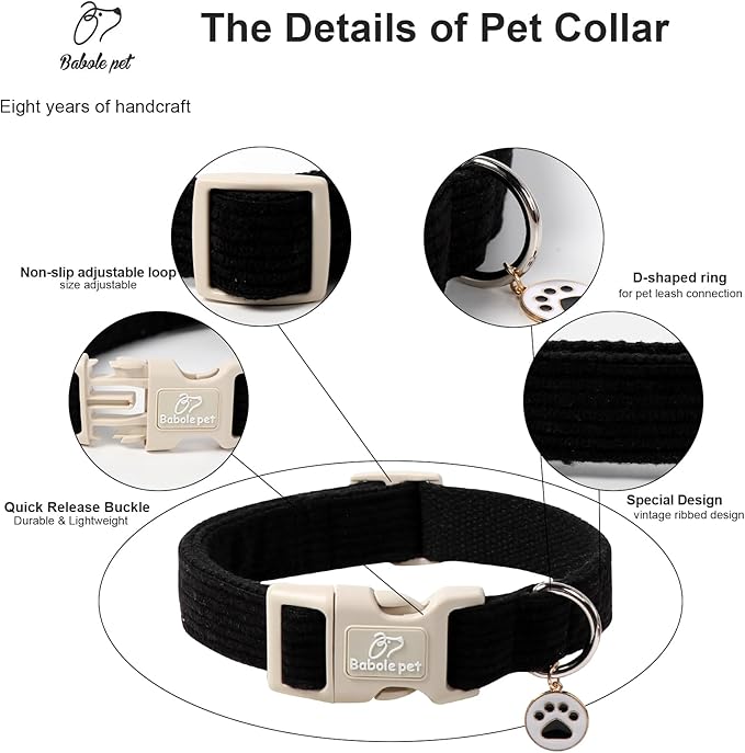 Cute Corduroy Dog Collar - Black Adjustable Dog Collars for Medium Dogs 25-50lbs, Fade-Proof with Secure Snap & Little Charm, Christmas Birthday Gift, M