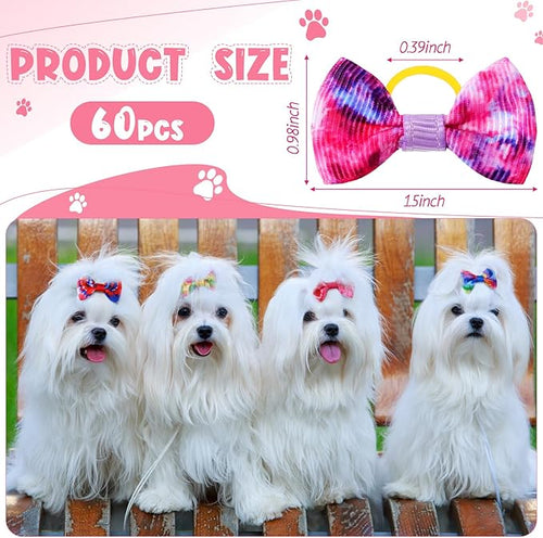 60 Pcs Cute Puppy Dog Hair Bows Small Bowknot Hair Bows with Rubber Bands Handmade Knot Accessories Pet Grooming Products for Holiday Birthday Gift(Tie Dye)