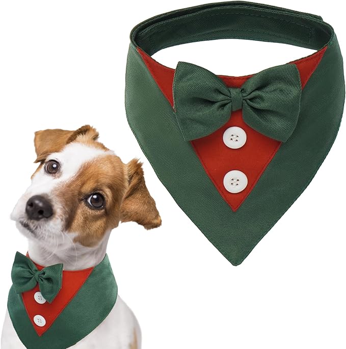FUAMEY Dog Tuxedo Christmas for Large Dogs,Dog Formal Suit Dogs Attire Pet Bow Tie Puppy Party Costumes Cat Tux Outfits Pets Bandana Cosplay Adjustable Bowties Christmas Green Red L