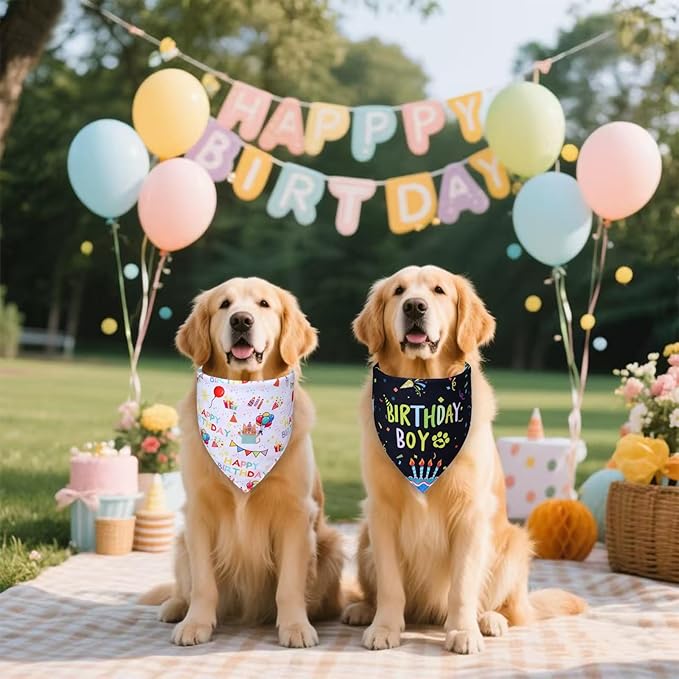 Dog Birthday Bandanas, 2-Pack Reversible 4 Patterns for Medium Large Dogs - Black Boy & White Girl Birthday Scarf, Party Outfit Gift for Pups (14-18" Neck)