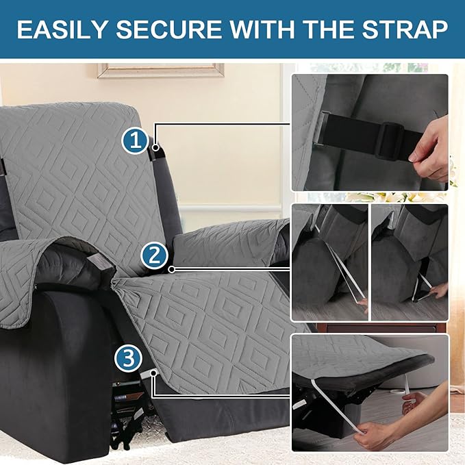 H.VERSAILTEX Reversible Quilted Recliner Covers Water Resistant Furniture Protector for Reclienr Chair with Elastic Straps for Pets Kids Sitting Width Up to 28"(Oversized Recliner, Light Grey/Beige)