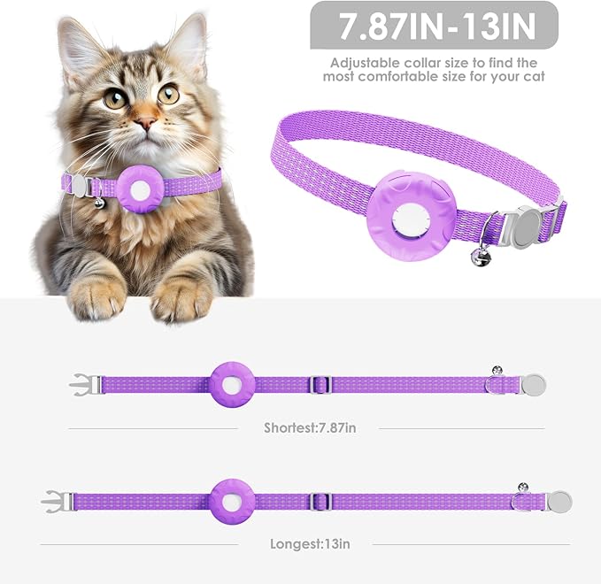 Cat Tracker, GPS Tracker Compatible with Apple Find My App(Only iOS), Waterproof Cat Tracker Collar with Bell and Safety Elastic Buckle, No Monthly Fee Pet Trackers for Vehicles, Pets, Kids (Purple)