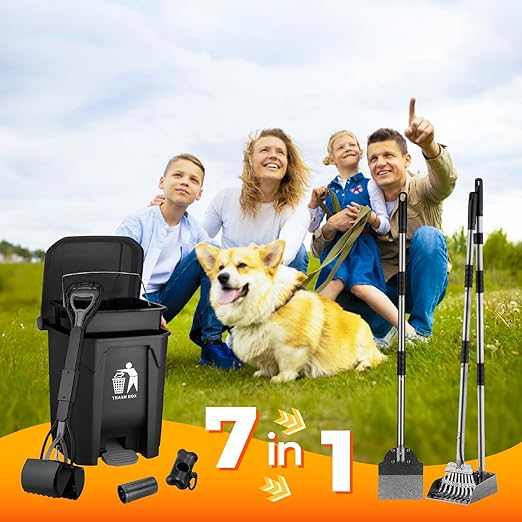 20L Dog Poop Trash Can Outside with Pooper Scooper, Inner Bucket, Stainless Steel Dustpan, Rake & Shovel, Waste Bags for Dog Poop Disposal