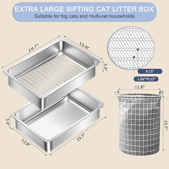 Teheao Stainless Steel Sifting Cat Litter Box for Clumping Litter, XL Extra Large Metal Sifter Tray Pan with Cat Litter Bag, Low Dust, Odor Control, Easy Cleaning (19.7"*13.8"*5.9")