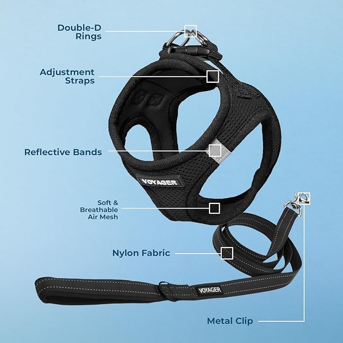 Best Pet Supplies Voyager Step-in Air All Weather Mesh Harness and Reflective Dog 5 ft Leash Combo with Neoprene Handle, for Small, Medium and Large Breed Puppies - Set (Black), L